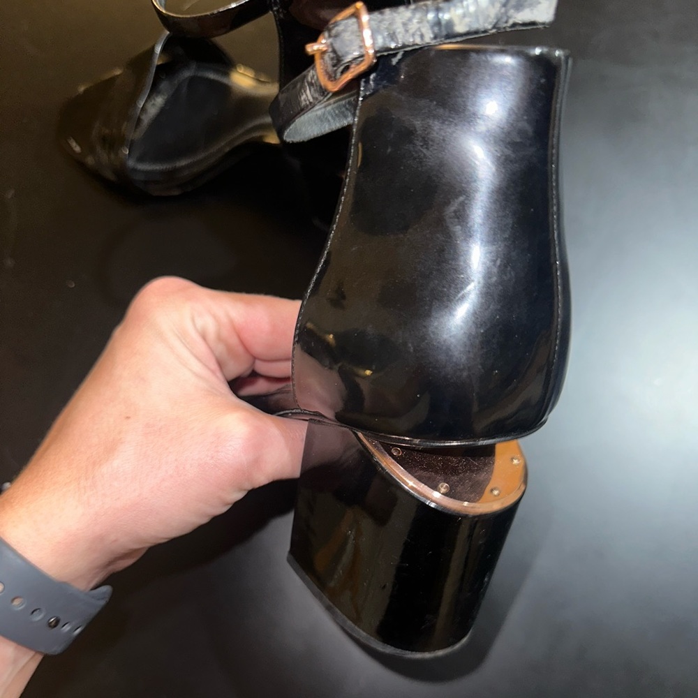 T by Alexander black patent leather block heel